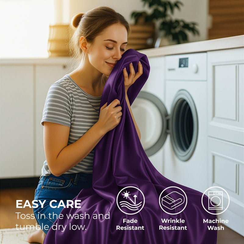 Pure Bedding Satin Sheets Full [4-Piece, Purple] Hotel Luxury Silky Bed Sheets - Extra Soft 1800 Microfiber Sheet Set, Wrinkle, Fade, Deep Pocket Fitted Sheet, Flat Sheet, Pillow Cases - Image 4